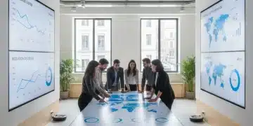 Oficina moderna en España con pantallas digitales mostrando reducción de costes y equipos colaborando, simbolizando la digitalización empresarial.