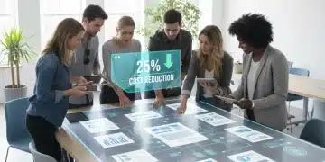 Oficina moderna con equipo colaborando en gestión documental digital, mostrando ahorro de costes