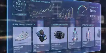 Interfaz futurista de tienda online con imágenes de productos optimizadas y gráficos de velocidad de carga y SEO para 2026.