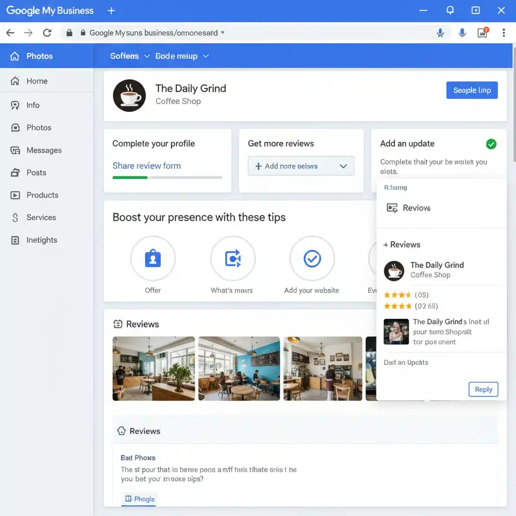 Interfaz de Google My Business con opciones de optimización para un perfil de negocio local.