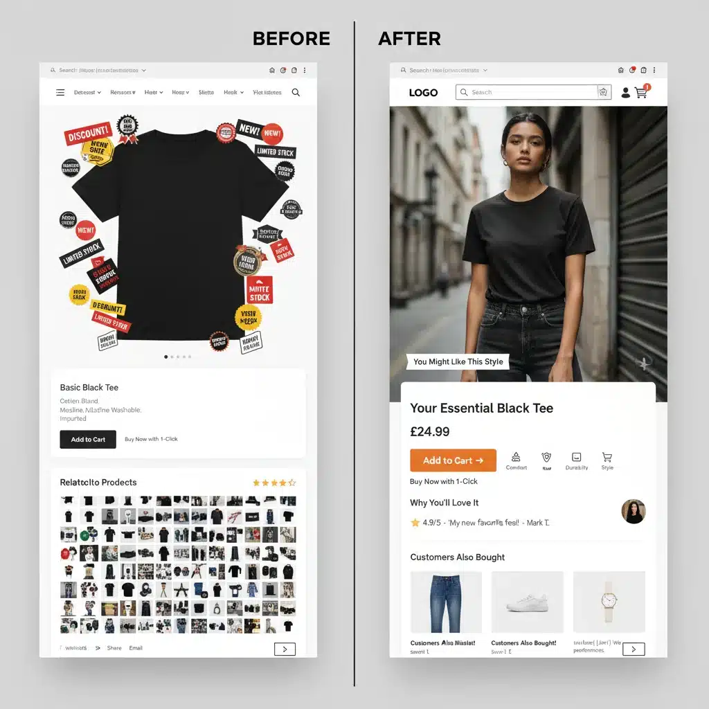 Comparativa de página de producto e-commerce antes y después de la optimización