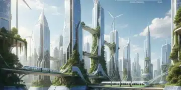 Reducción de la Huella de Carbono: Estrategias de Gestión Sostenible para un 20% Menos de Emisiones en 2026 Paisaje urbano futurista con turbinas eólicas y paneles solares, simbolizando la reducción de la huella de carbono y la energía limpia.