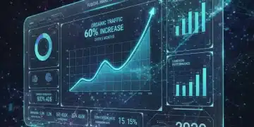 Panel de control de marketing digital con gráficos de crecimiento del 60% en tráfico orgánico para 2026