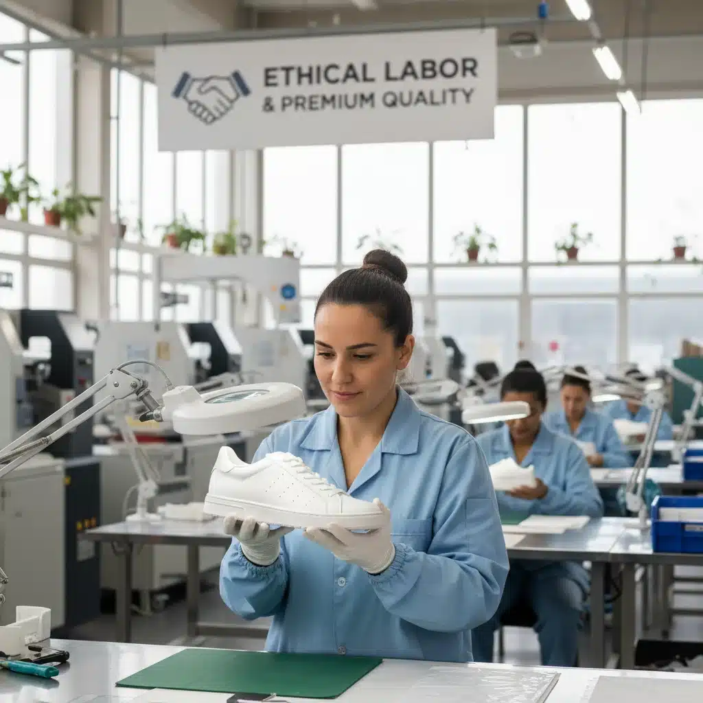 Trabajador inspeccionando calzado en fábrica: un operario revisa la calidad de un zapato, destacando la producción ética y el cuidado artesanal.