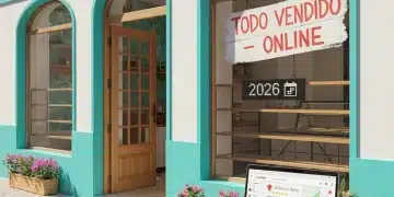 SEO Local para PYMES: Caso de Éxito Español 2026 Fachada moderna de pyme española con cartel de éxito y ordenador mostrando resultados SEO local.