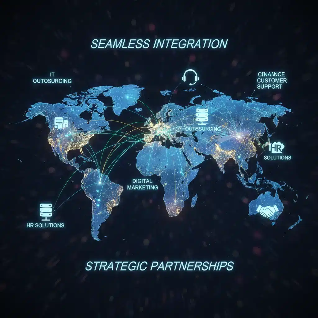 Red global de servicios de outsourcing interconectados para optimización empresarial.