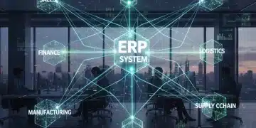 Red de sistemas interconectados fluyendo hacia un ERP central, simbolizando la integración de datos empresariales.