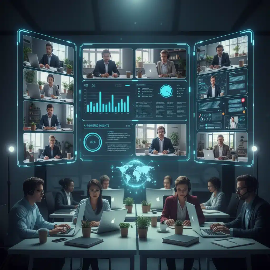Reunión virtual de equipo de proyecto con herramientas de colaboración avanzadas