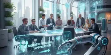Brazo robótico automatizando tareas en una oficina moderna, liberando tiempo para empleados.