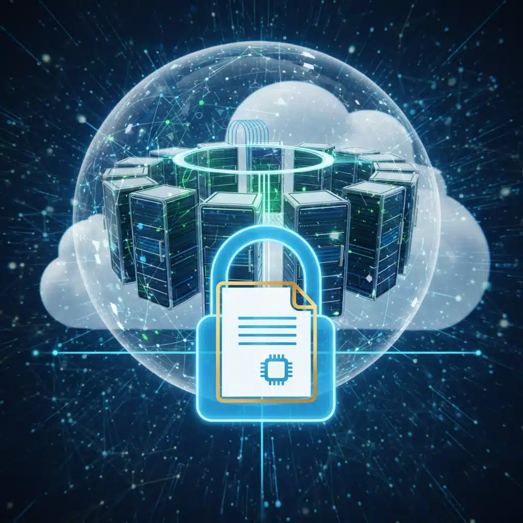 Servidor seguro en la nube con un candado, representando la seguridad y accesibilidad de los documentos digitales