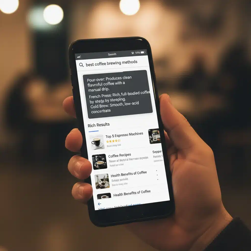 Mano sosteniendo un smartphone mostrando resultados de búsqueda con fragmentos destacados, ilustrando la importancia del contenido.