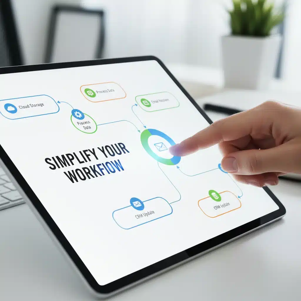 Interfaz de software de automatización de flujos de trabajo en una tableta, mostrando procesos optimizados