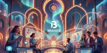 Tejido digital vibrante con elementos de storytelling y branding español innovador