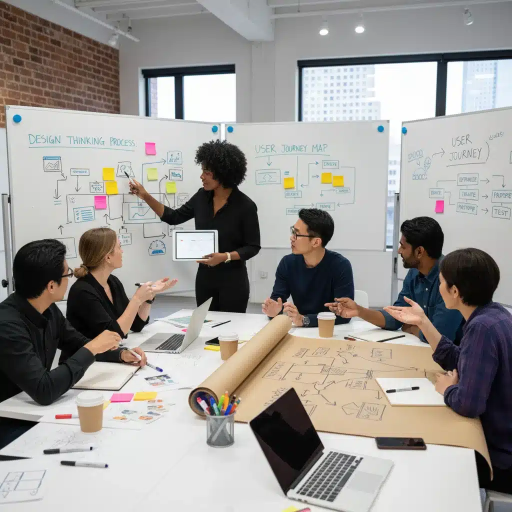 Profesionales colaborando en un taller de diseño UX, dibujando mapas de experiencia de usuario.