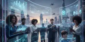 Interfaz digital futurista con logos de marca brillando y usuarios interactuando, simbolizando la UX en 2026.