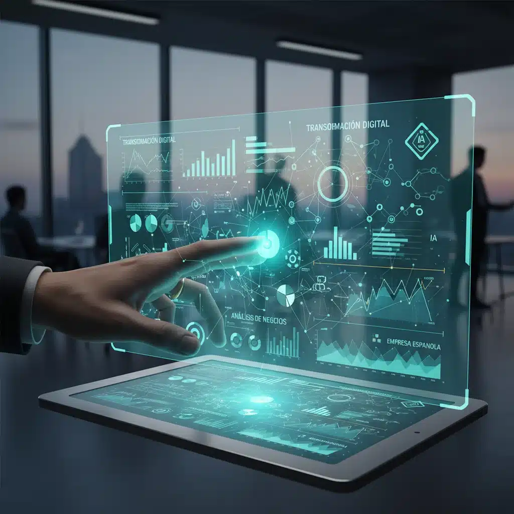 Interfaz holográfica mostrando análisis de datos empresariales avanzados