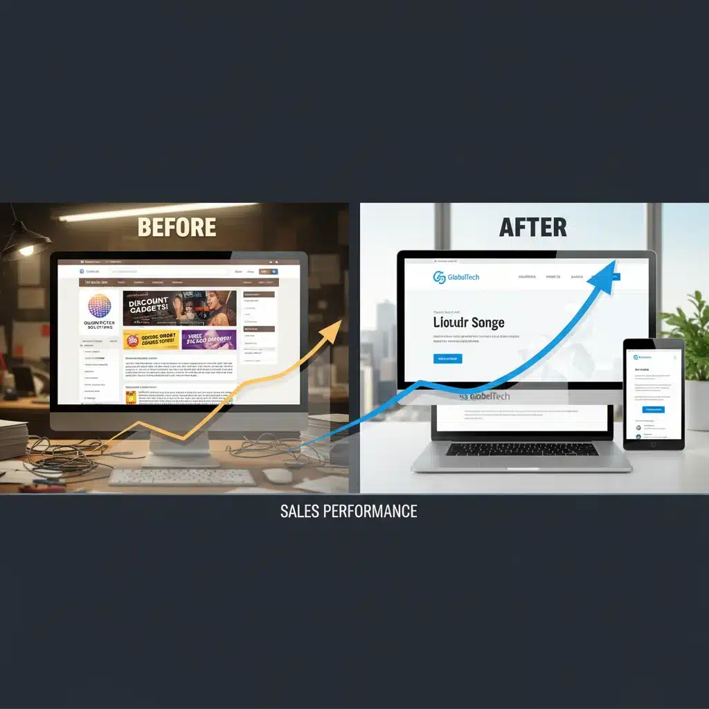 Comparación visual de un antes y después de un sitio web tras un rebranding digital exitoso.