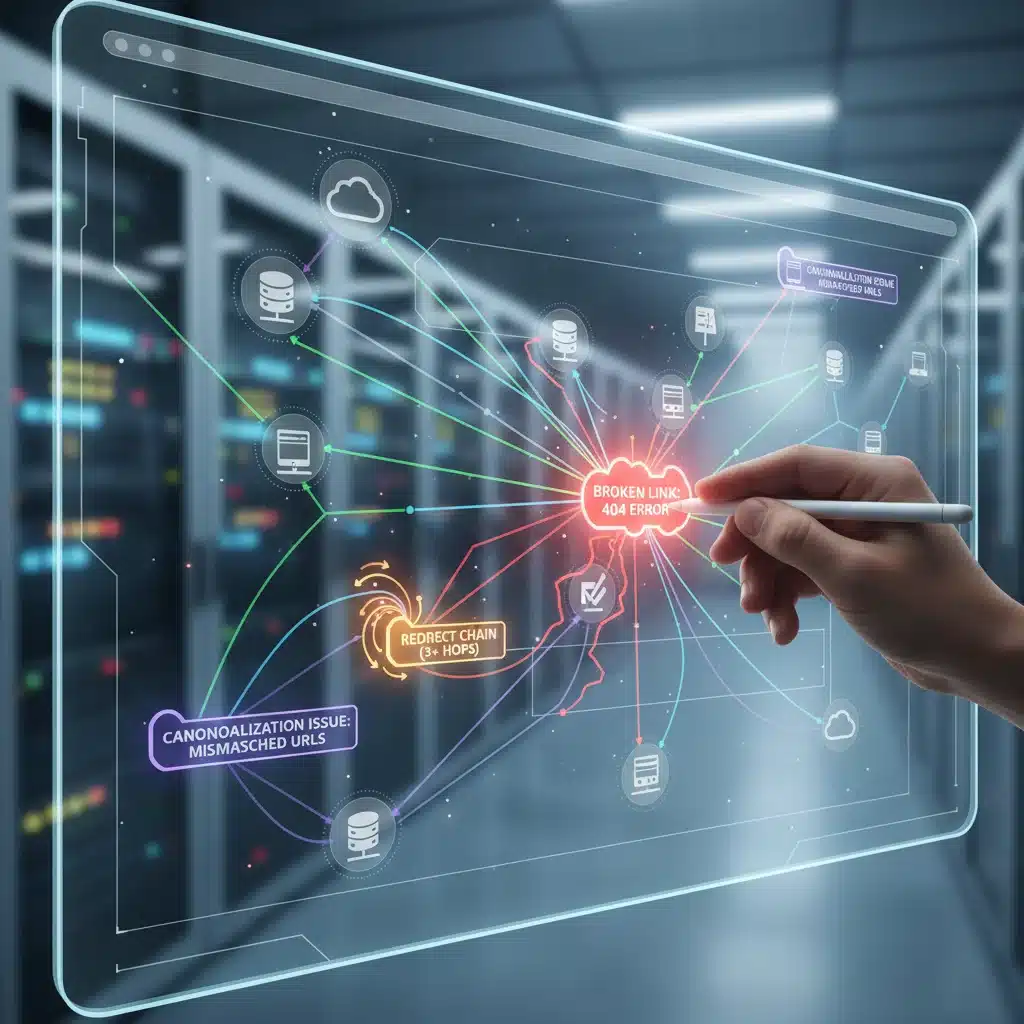 Diagrama de arquitectura web compleja con nodos destacados que representan errores SEO técnicos comunes como enlaces rotos y redirecciones.