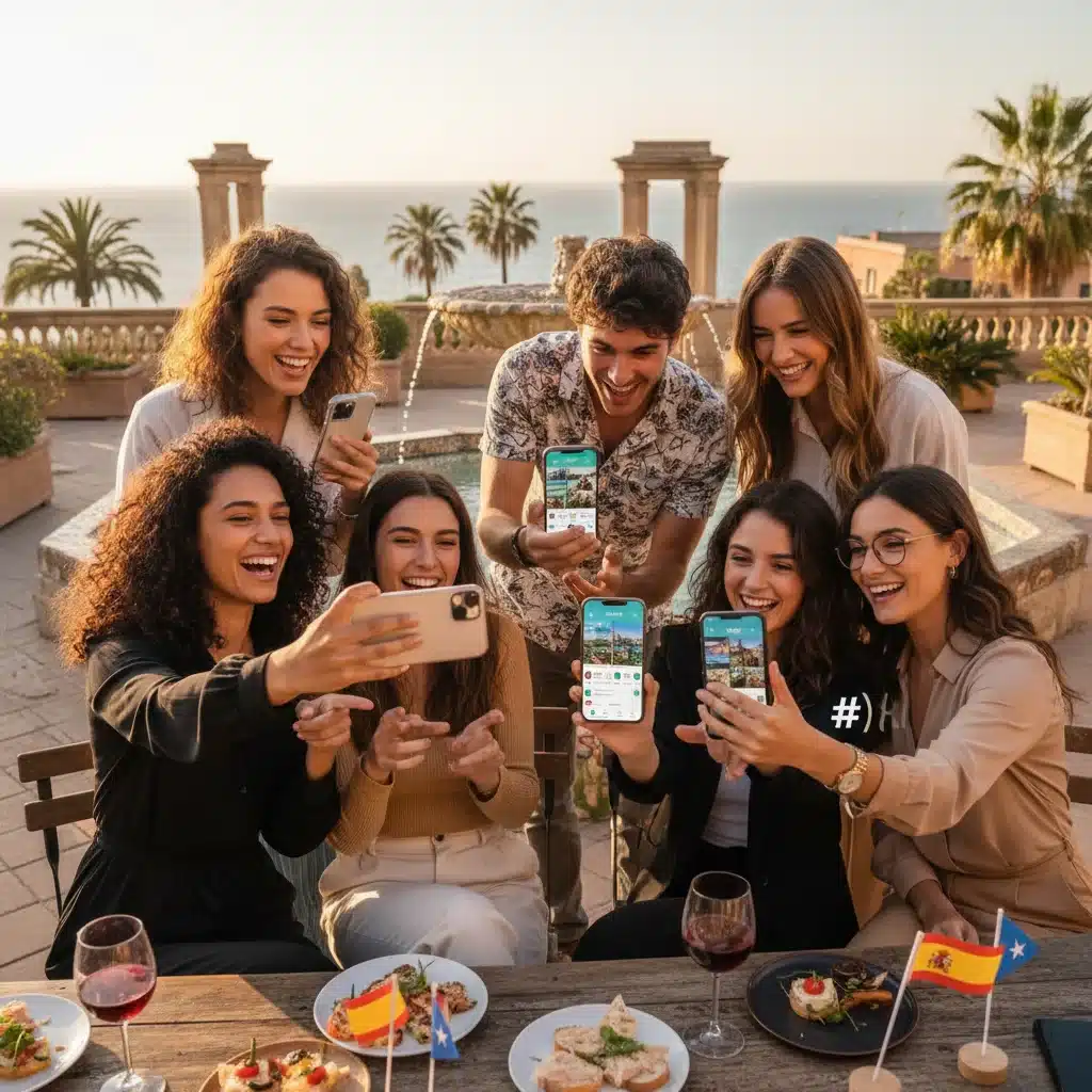 Influencers españoles colaborando y promocionando una aplicación móvil en redes sociales.