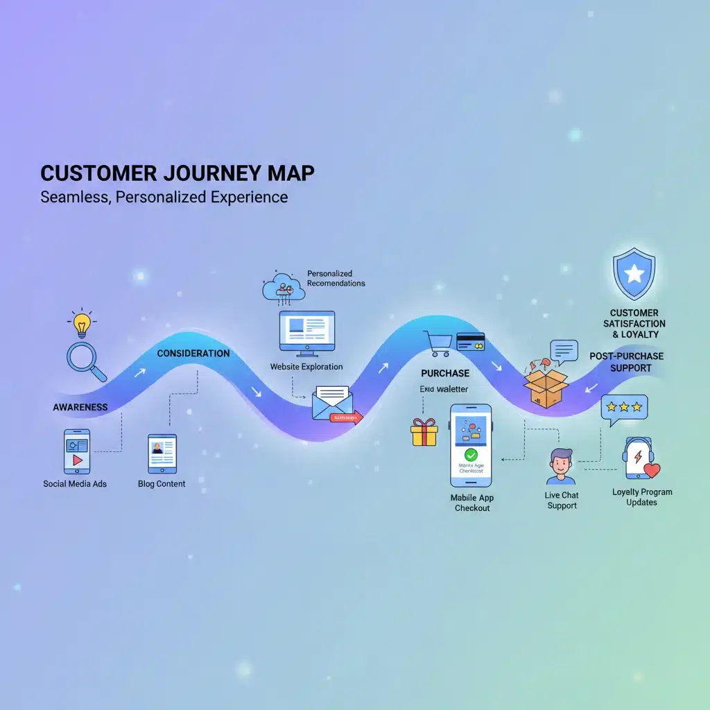 Mapa del viaje del cliente digital optimizado con puntos de contacto tecnológicos.