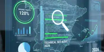 Panel de control digital con métricas SEO, gráficos y código web, simbolizando una auditoría SEO técnica avanzada en España.