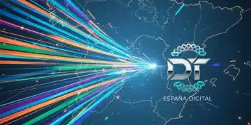 Diseño moderno que representa el rebranding digital en España con elementos abstractos y un nuevo logo.