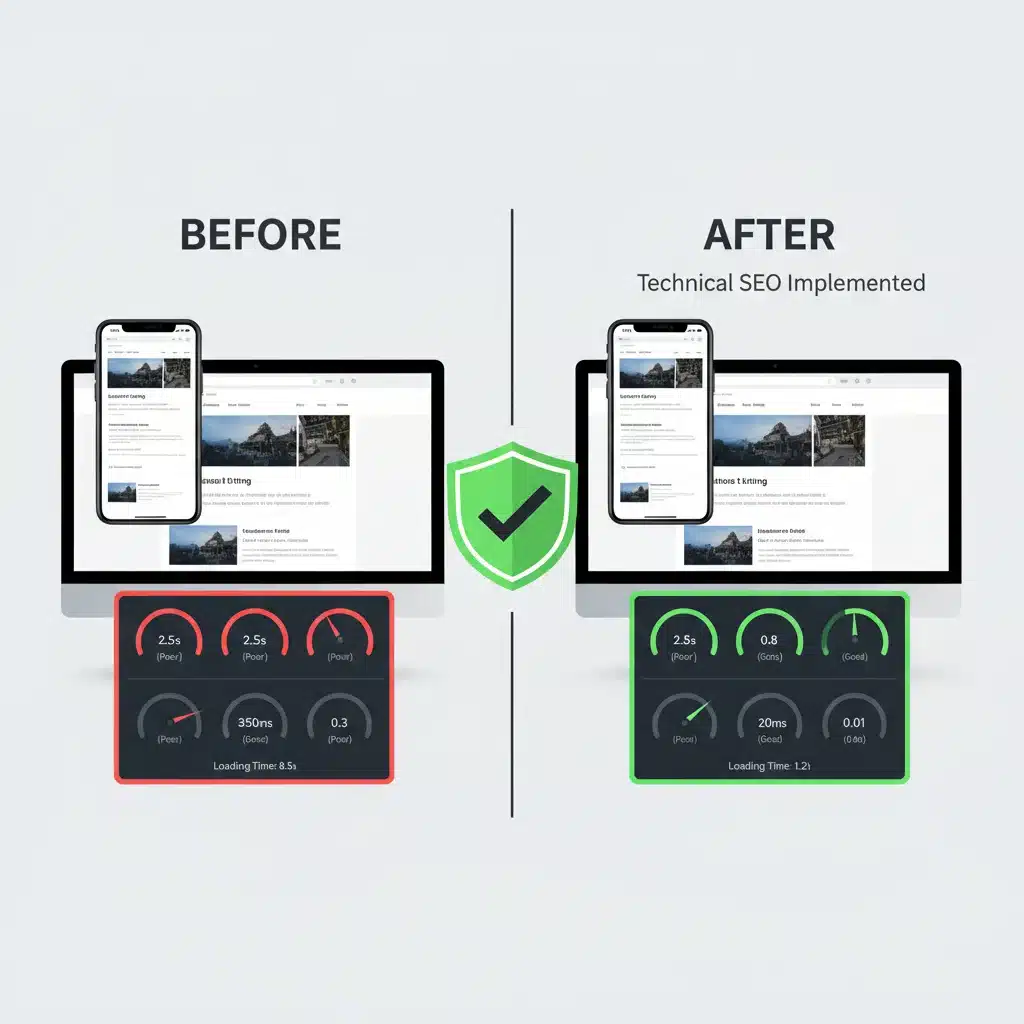 Comparativa de rendimiento web 'antes y después' con Core Web Vitals mejorados en dispositivos móviles y de escritorio.