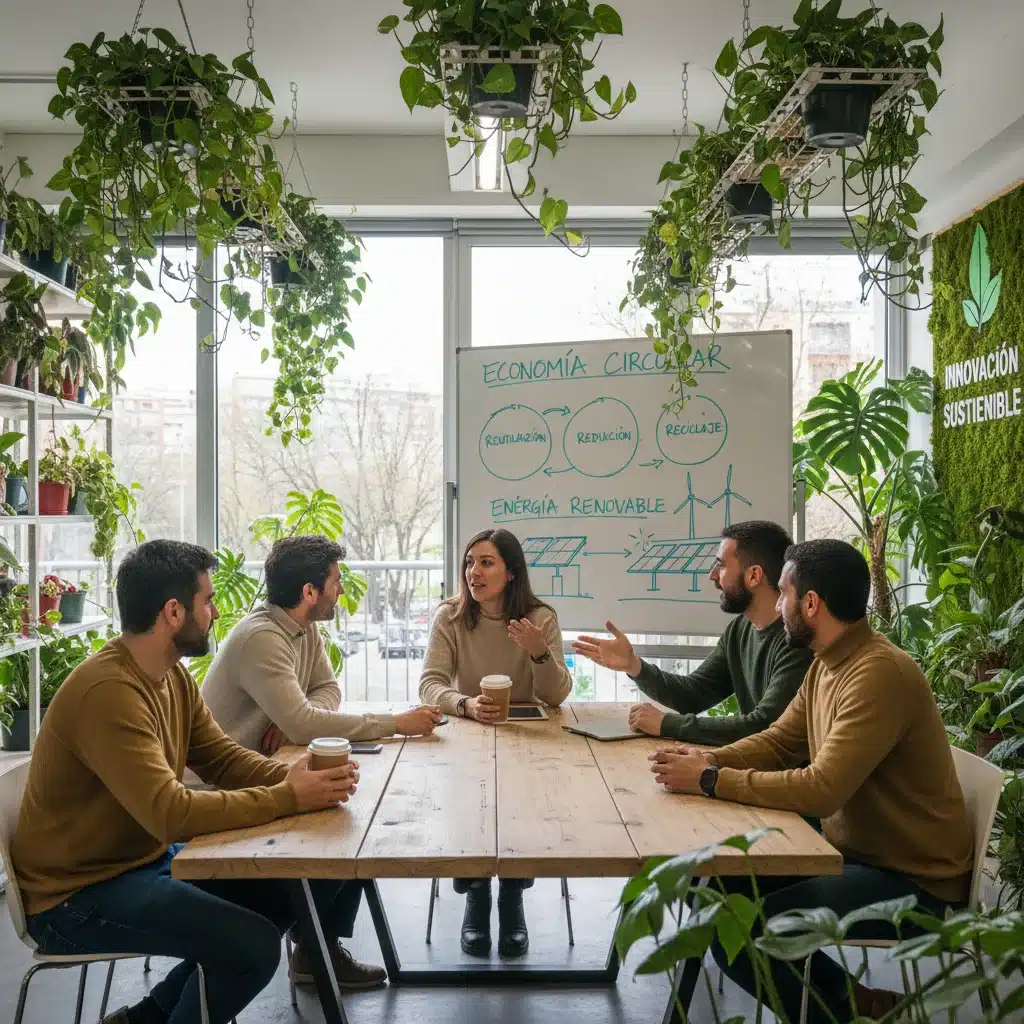 Emprendedores españoles debatiendo sobre prácticas de negocio sostenibles