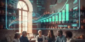 Empresa tradicional española en proceso de transformación digital exitosa en 2026, con gráficos de crecimiento y tecnología avanzada.